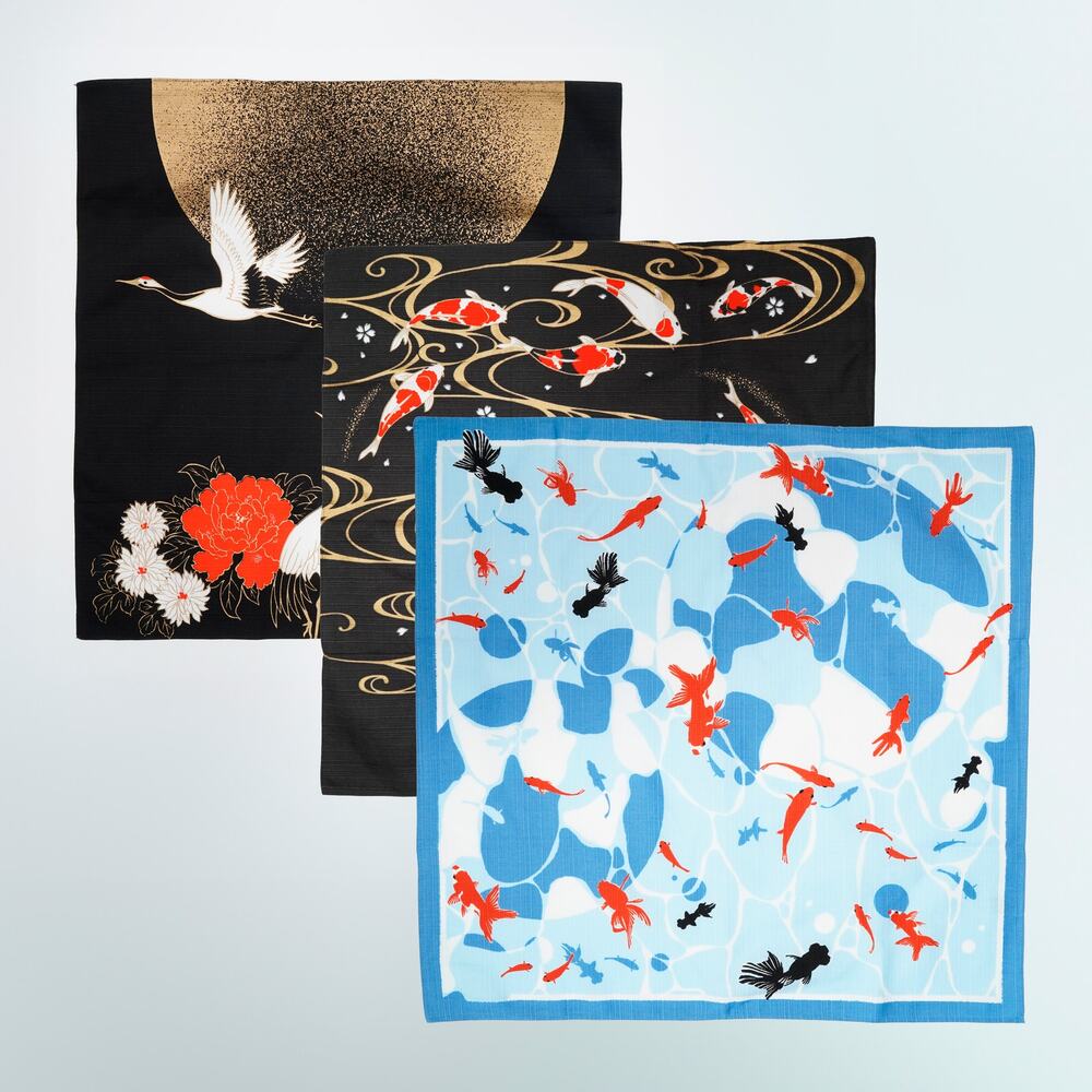Set of 3 Japanese Furoshiki Cotton Cloth Black & Blue Goldfish Koi Crane 20x20